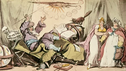 Todas las Fates le prometieron que eran conocidas, y sin embargo no podía decir la suya, caricatura de un adivino, pub. por R. Ackermann, 1815